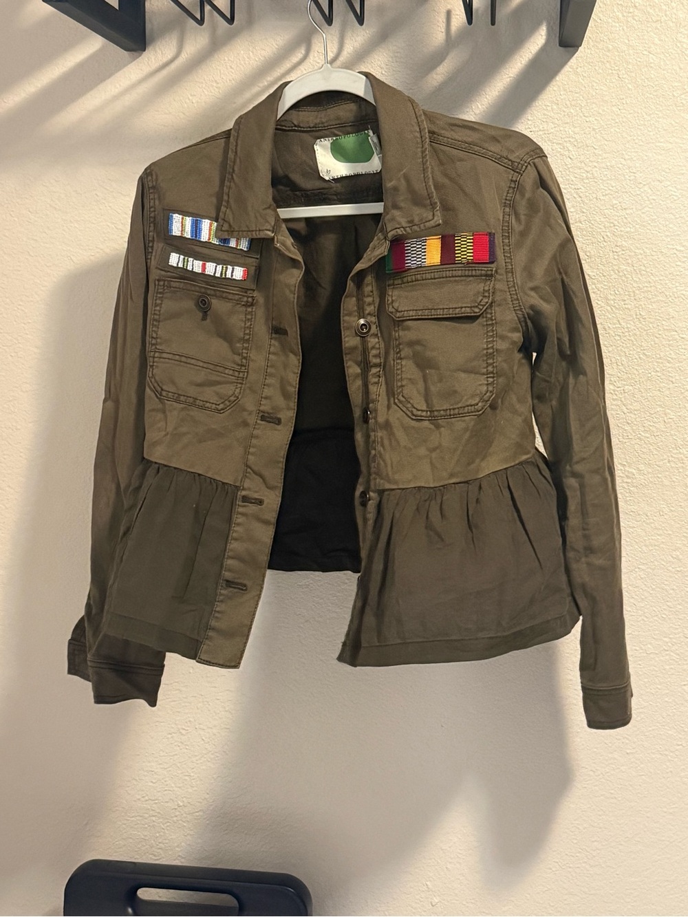 Anthropologie Olive Green Peplum Utility Jacket Military Ribbon Trim XS